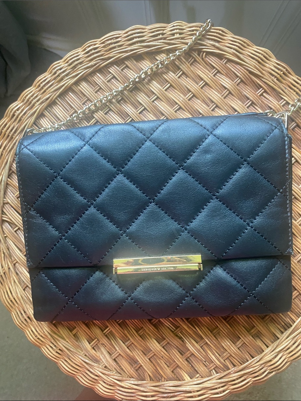 kate spade Black Quilted Leather Crossbody with Gold Chain